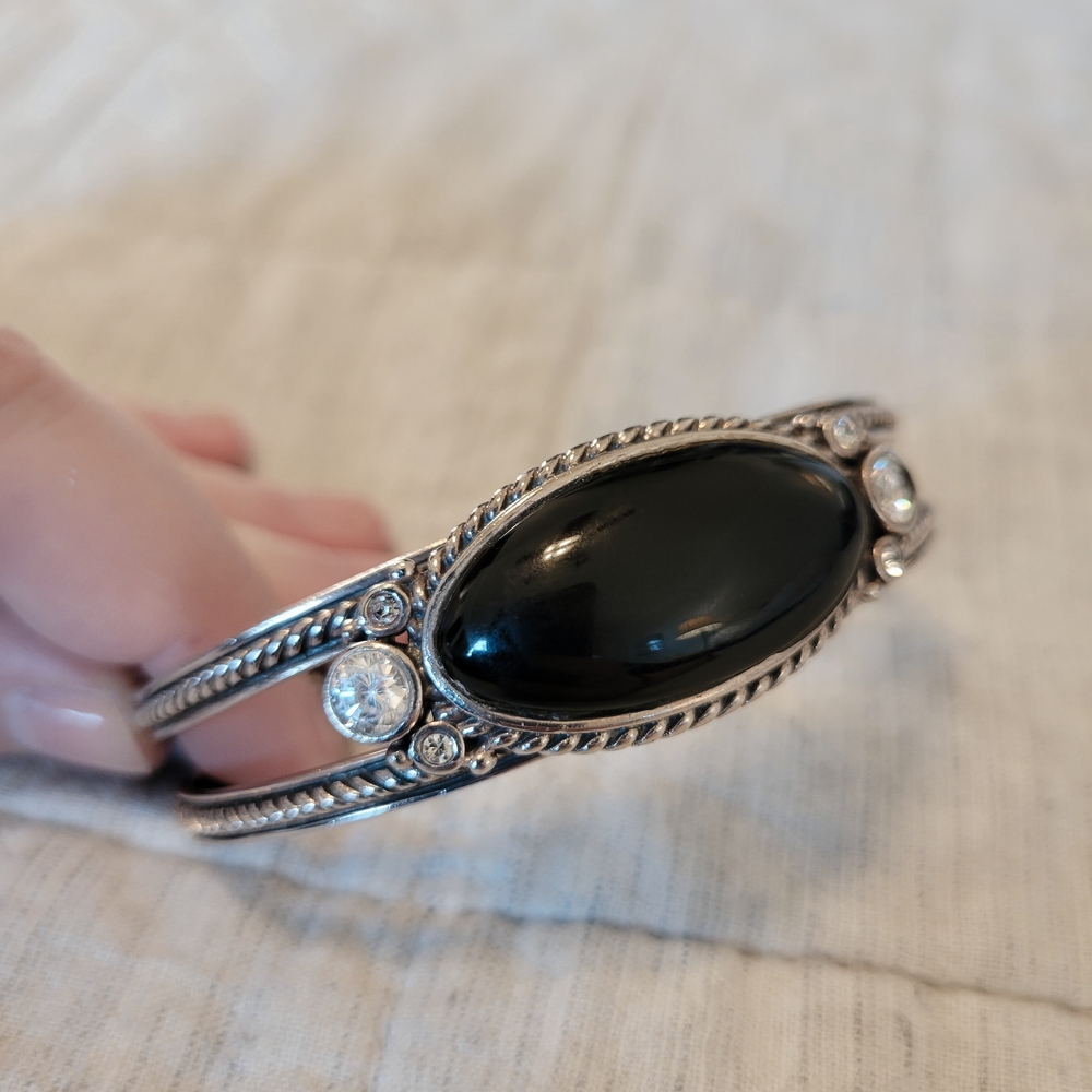 Black Onyx 925 Sterling Silver Barse Cuff Bracelet - Picture 2 of 7